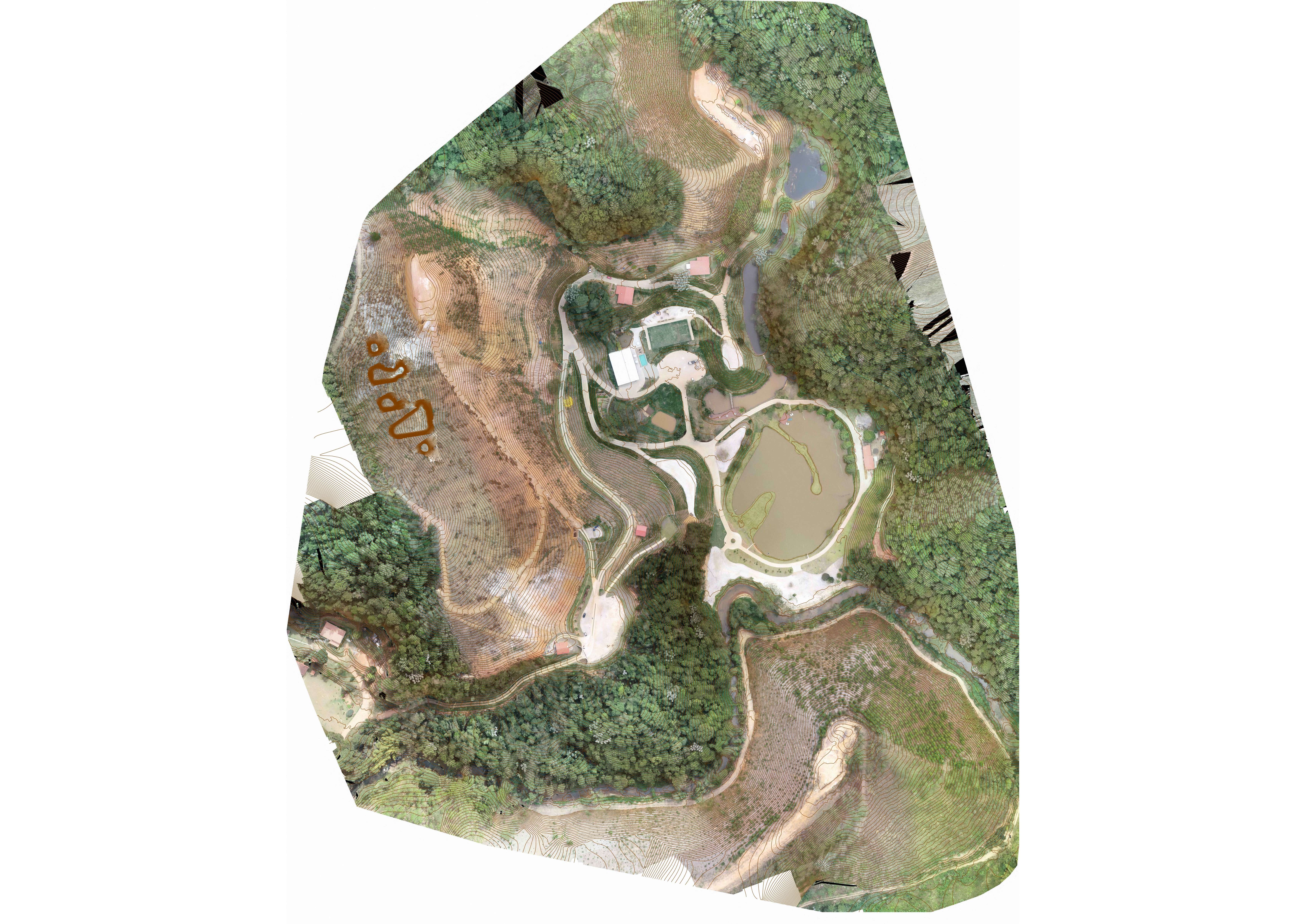 Levantamento topográfico com curvas de nível detalhadas mostrando terreno